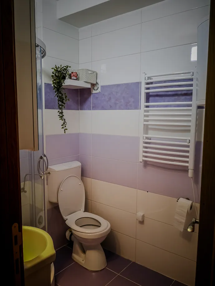 Kupatilo sa WC šoljom i sušačem za peškire