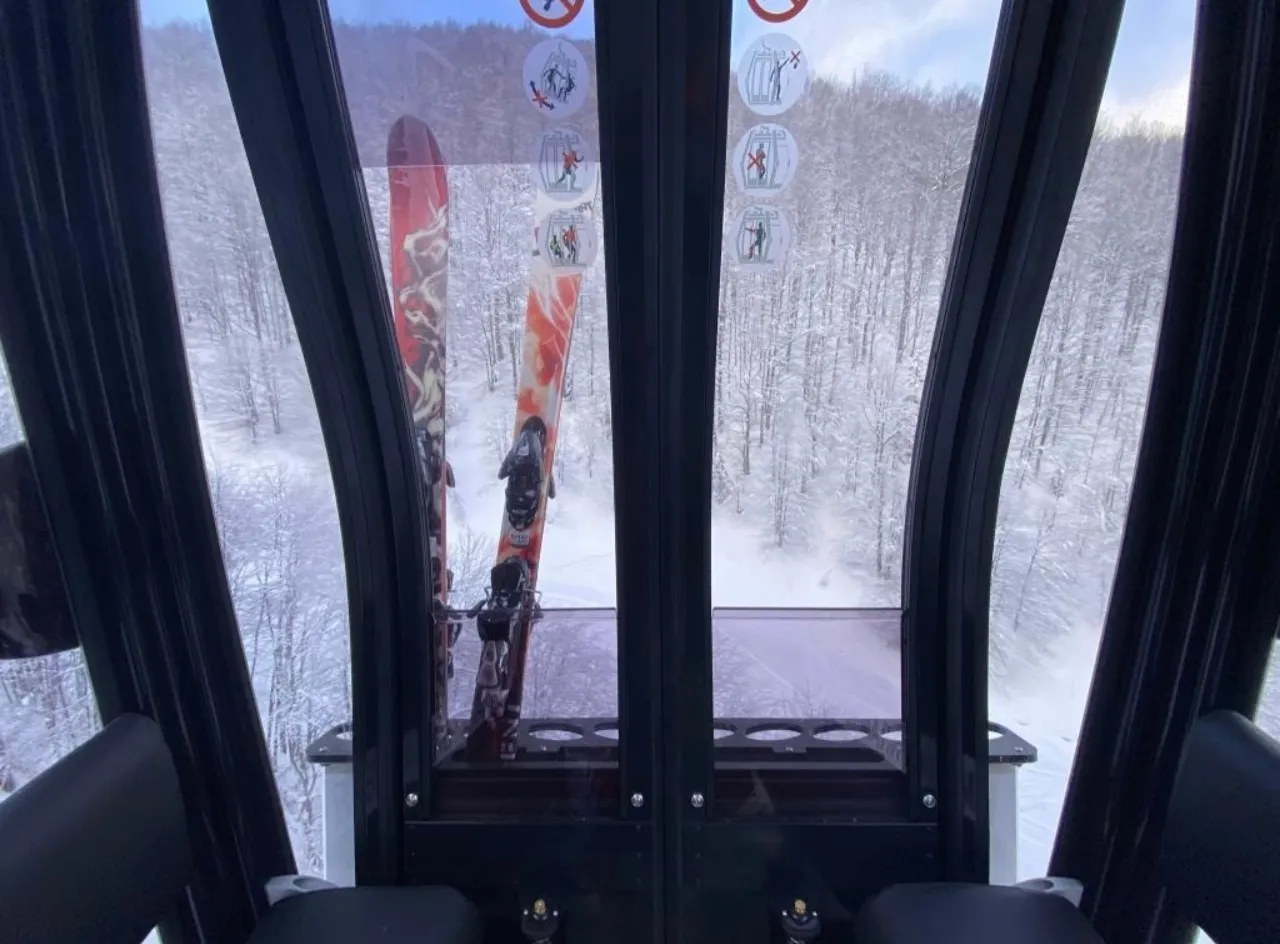 Vedere din cabina telegondolei spre pădurea acoperită de zăpadă, cu schiurile în suport